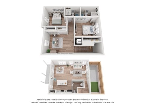 Floor plan for 2 beds, 2.5 baths, 1152 sqft